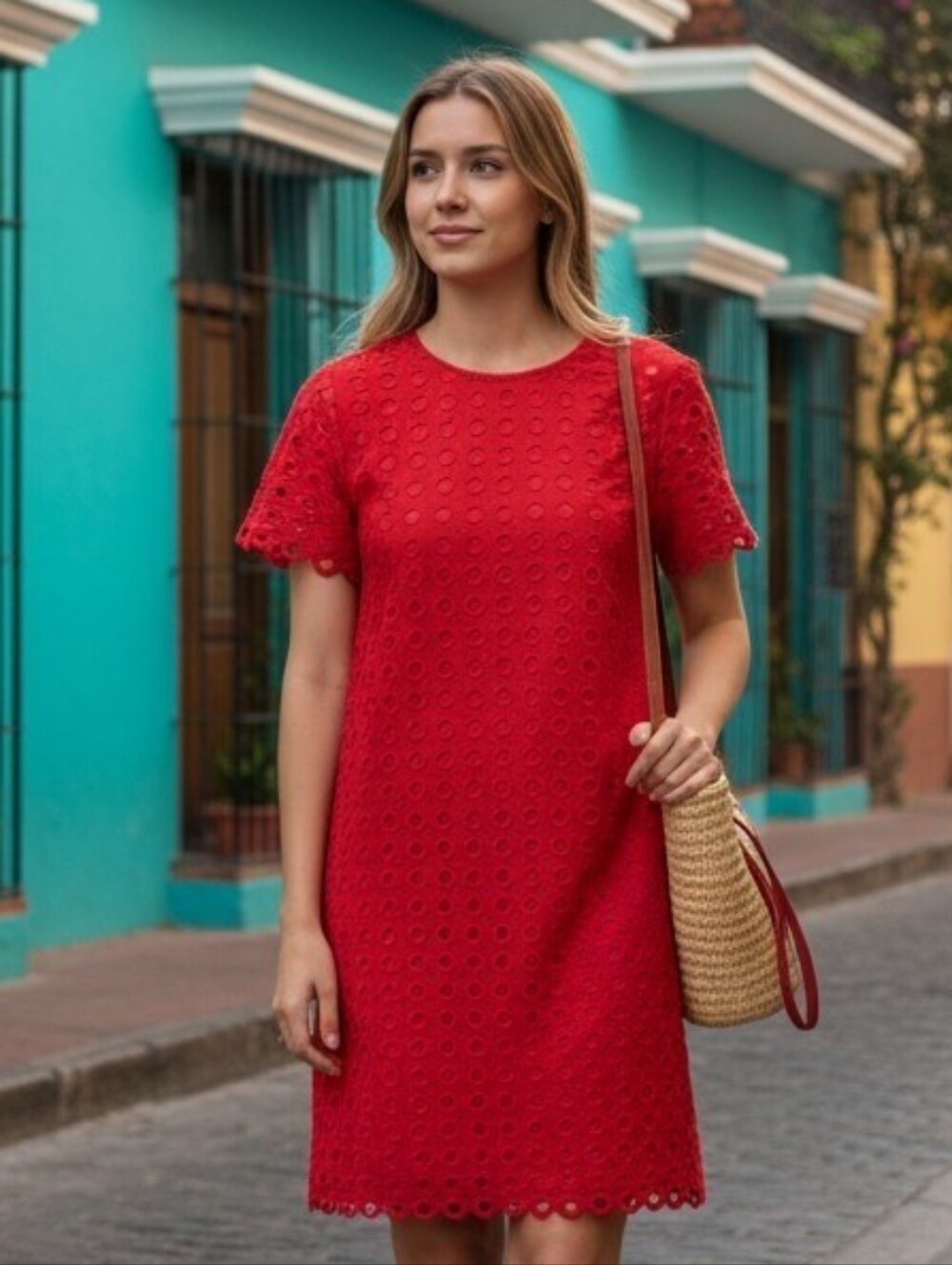 Talbots Red Eyelet Circle Lace Short Sleeve Shift Dress EUC